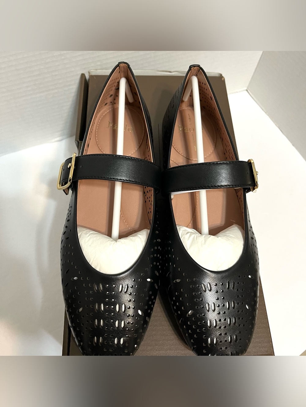 Linea Paolo Black Perforated Leather Mary Jane Ballet Flats Gold Buckle NIB 7 W